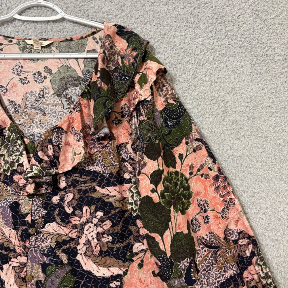 Work Casual Floral Button Front Blouse Cotton Blend 3X Side Slits Ruffle V-Neck‎ - Picture 5 of 10